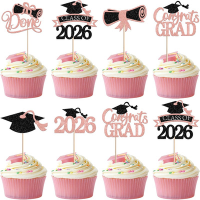 24 Pack Congrats Grad Cupcake Toppers Red Glitter Diploma Done Cupcake Picks Cla