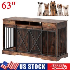 63" Double Dog Crate Furniture Large Pet Breed Dog Kennel w/ Divider  2 Drawers