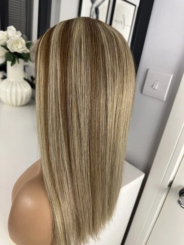 Hervorgehobene Brondie blond warm braun Lace Bob 16" 100% Echthaar Glatthaar Perücke - Bild 9 von 13
