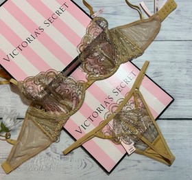 Victoria's Secret Showgirl Embroidery Unlined Demi Bra Garter Thong Set Gold