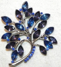 Vintage Blue Marquise Rhinestone Silver Tone Tree of Life Pin Brooch