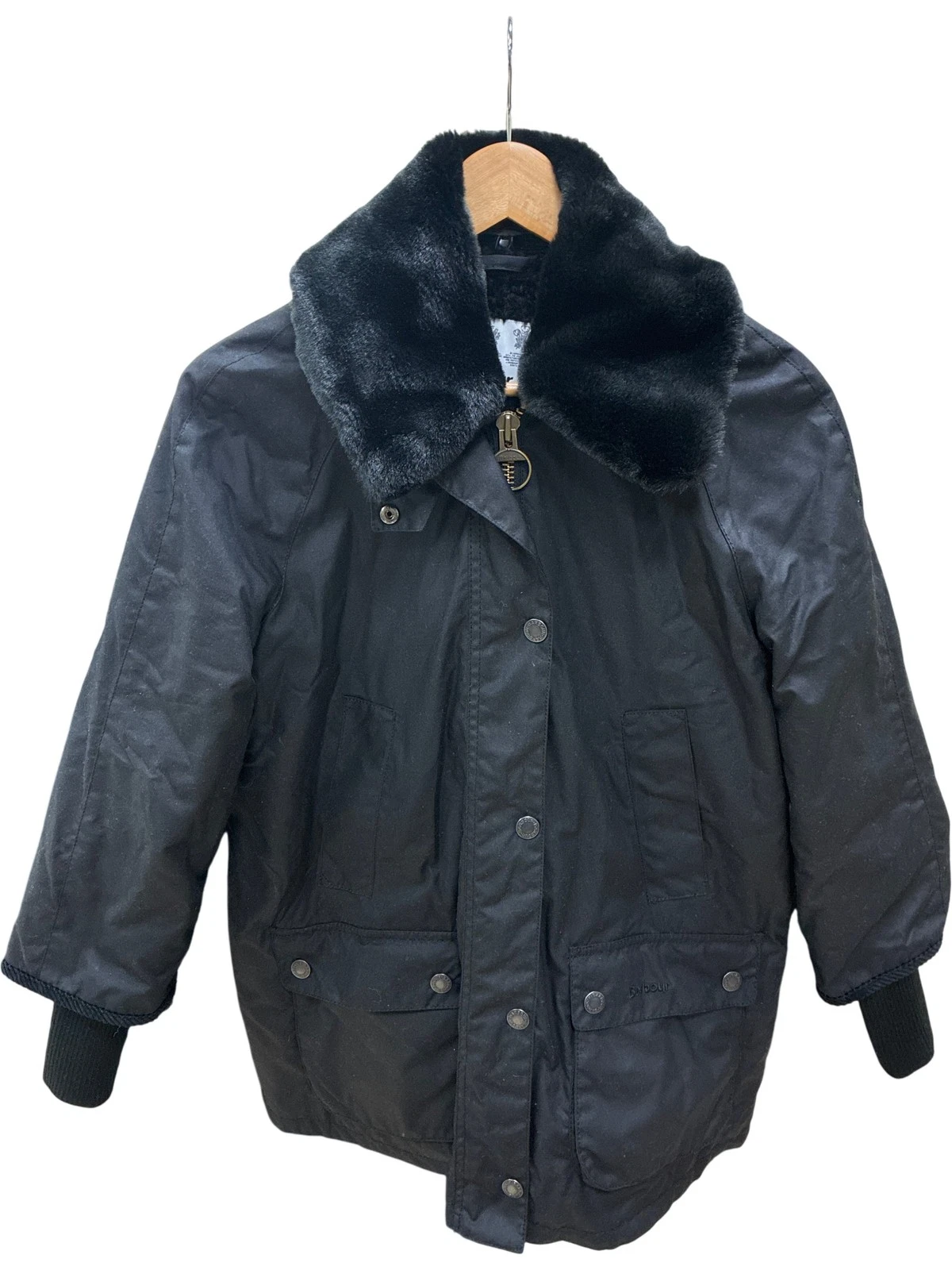 Barbour Snow Bedale Black Waxed Jacket Removable Faux Fur Collar UK 14