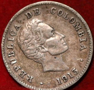1913 Colombia 10 Centavos Silver Foreign Coin