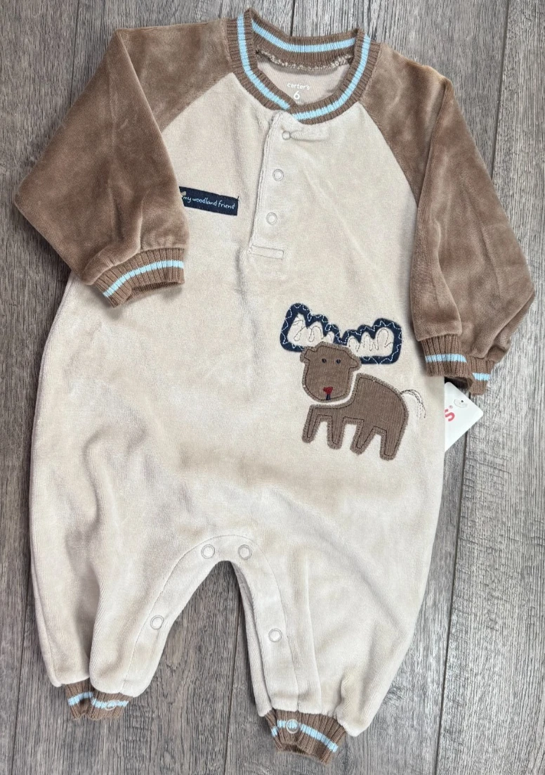 Baby Boy Clothes New Vintage Carter's 6 Month Velour Moose Outfit