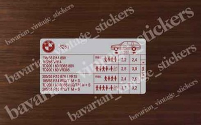 Tire Pressure Label Sticker Decal For Bmw E30 325i Touring