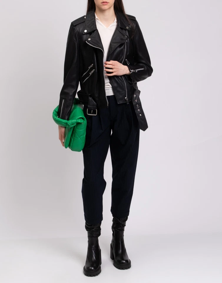 RRP €850 WALTER BAKER Allison Leather Biker Jacket Size L Black Zipped Belted - Image 2 of 4