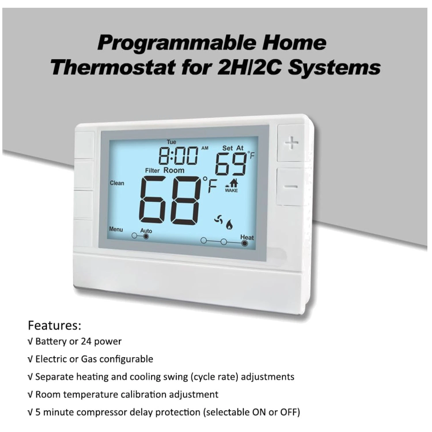 Multi-Stage Programmable Thermostat, White Backlight