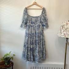 Flowy Cottage Coquette Babydoll Puff Sleeve Tiered Midi Dress Romantic Large