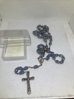 Nice Boxed Light Blue Glass Beaded Silvertone Christian Catholic Rosary