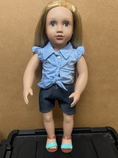 Our Generation Girl Play Doll Blonde Straight Hair Blue Eyes Denim Shorts Outfit