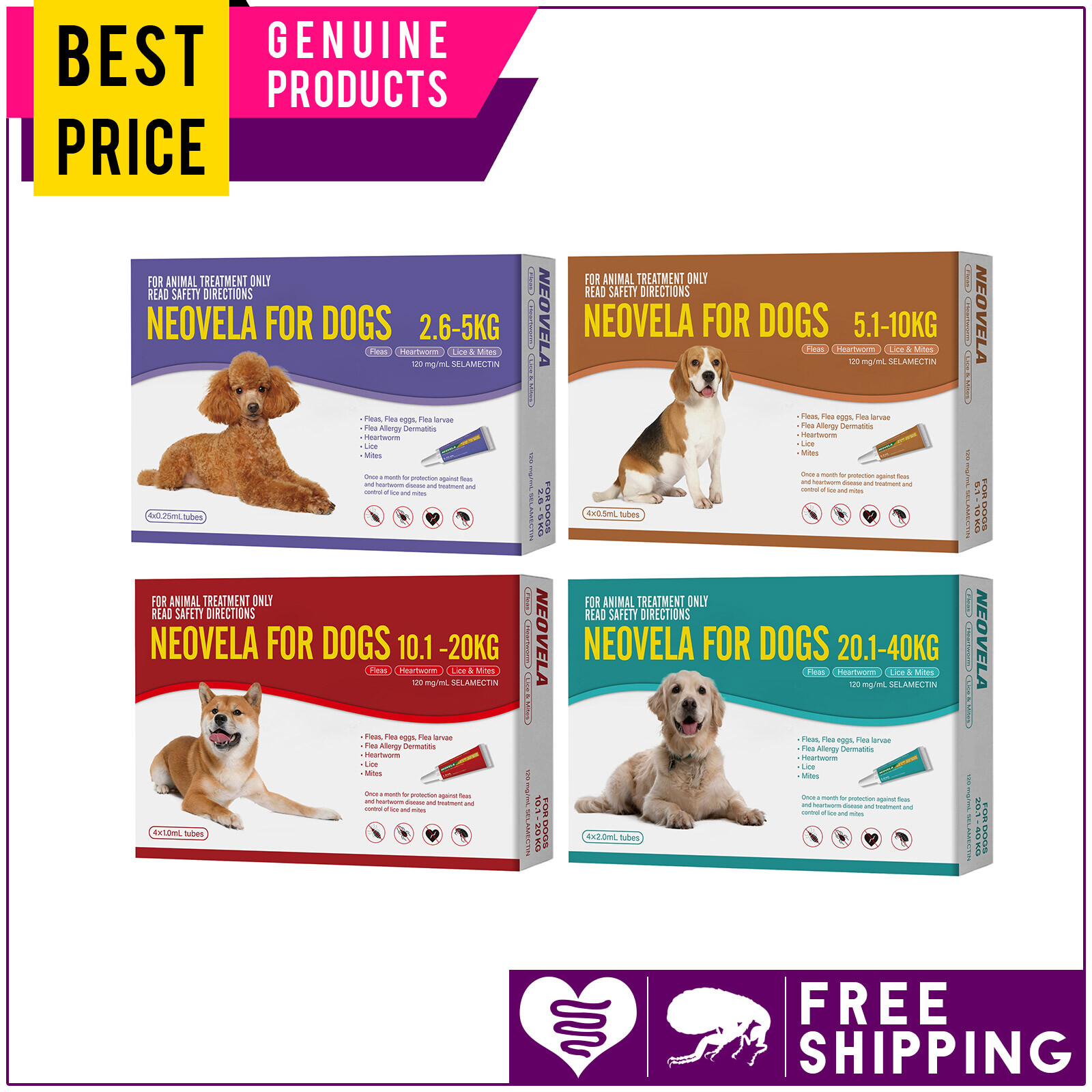 Neovela Flea and Heartworm Control for Dogs All Sizes 4 Doses Free