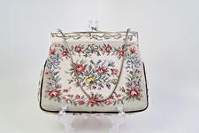 Vintage Tapestry Petit Point Hand Bag White w/ Multicolor Rose Design