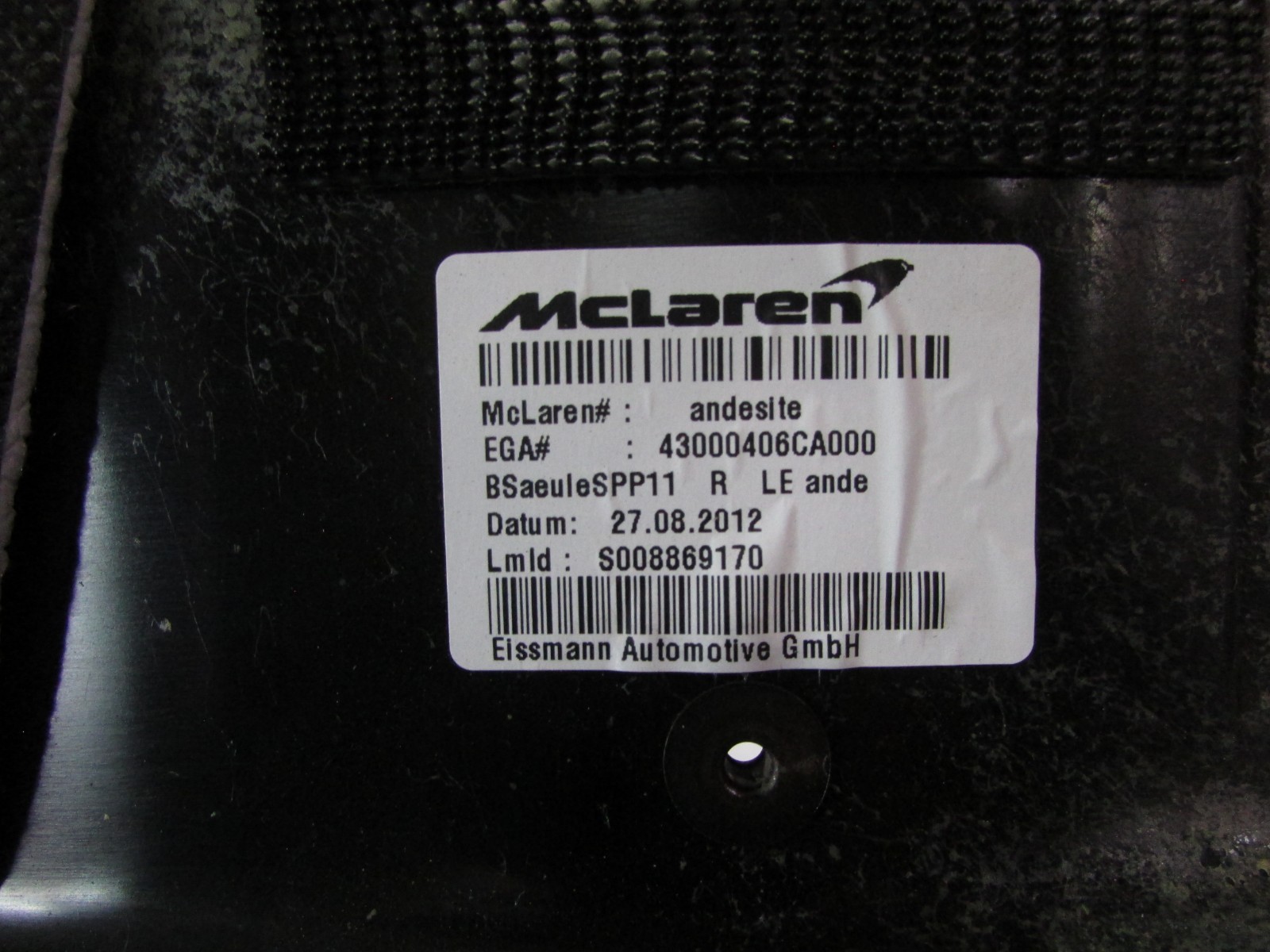 McLaren MP4-12C Spider, RH, Right B-Pillar Interior Trim Panel, Used