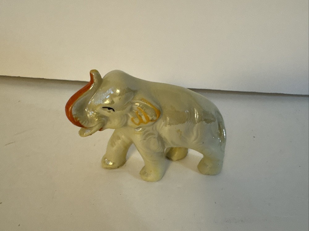Elephant Figurine Japan Ceramic Trunk Up Orange Trunk  Standing Vintage