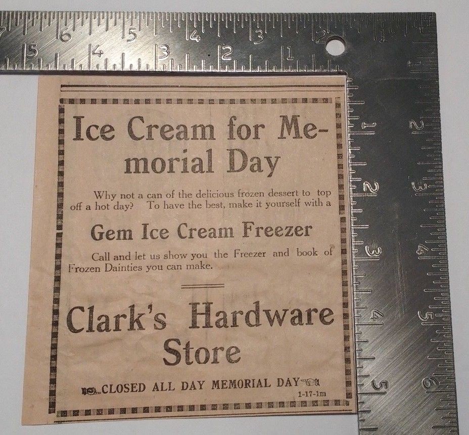 1914 Gem Ice Cream Freezer Clark's Hardware Store Advertisement