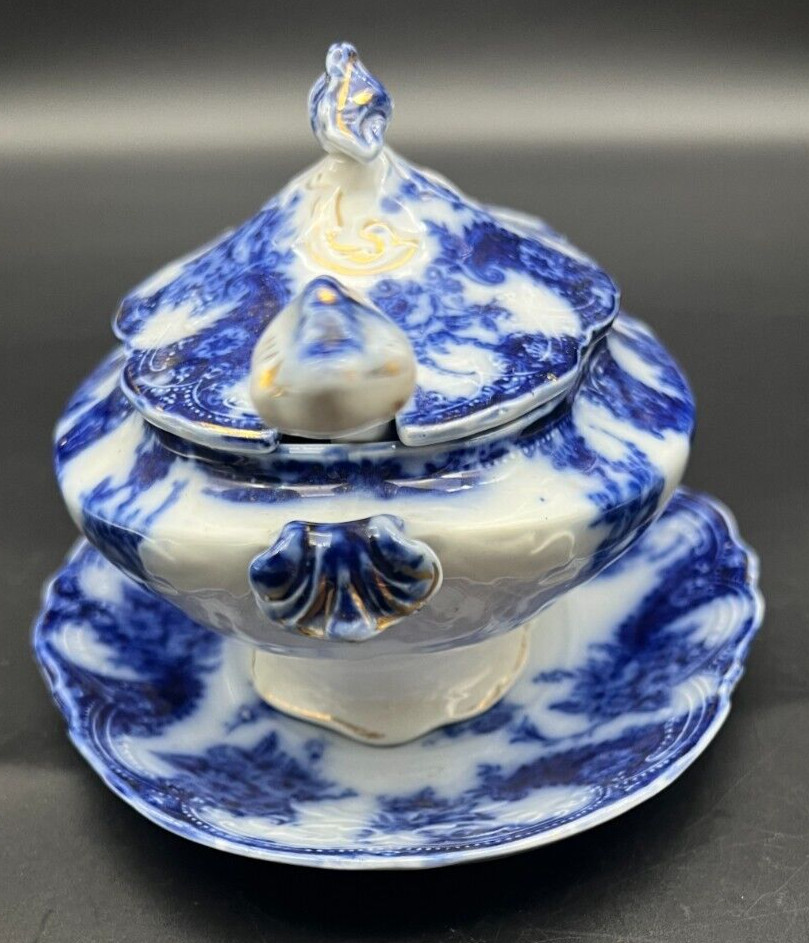 Flow Blue Lois Covered Vegetable Sauce Dish Tureen with Spoon 1891-1907