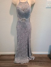 Gorgeous Silver Gray Lace Cut Out High Slit Halter Prom Formal Dress Sz 3