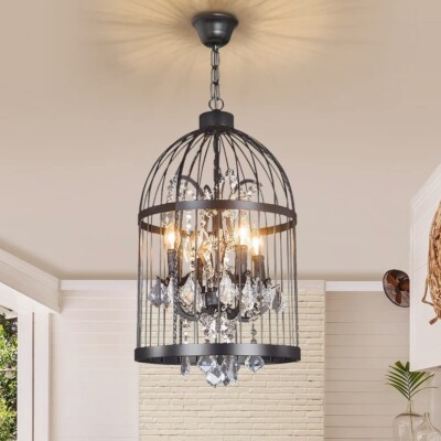 Retro Industrial 4-Light Crystal Chandelier Black Bird Cage Pendant Lamp Fixture