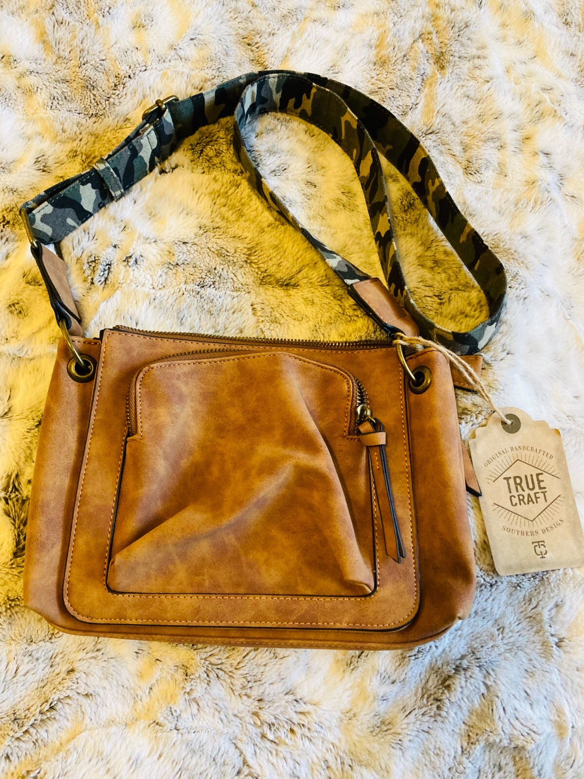 Belks True Craft Crossbody Purse Bag Brown Leather Camouflage Strap NWT