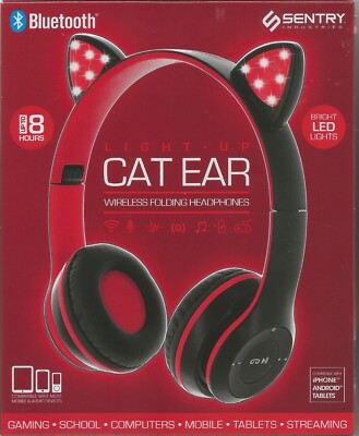 Sentry Light-Up Cat Ear Wireless Folding Headphones Black/Red Color