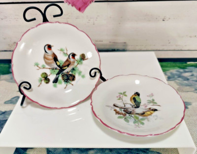Vintage Retro Spring Bird and Flowers Ceramic Tea Bag Dishes Set of Two