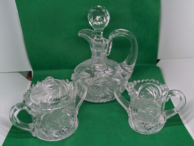 Vintage Etched Sun Burst Sawtooth Cut Glass Mini Creamer,  Sugar, & Oil Cruet