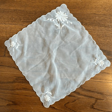Vintage semi sheer floral embroidered nylon handkerchief with scalloped edges