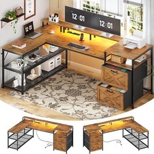 L Shaped Desk with Storage Shelves, Power Outlet LED Lights Computer Office Desk