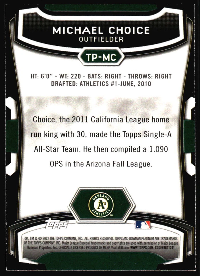 2012 Bowman Platinum Michael Choice #TP-MC Oakland Athletics - Image 2 of 2