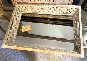 New Beach White Washed Mirrored Wood Serving Vanity Tray Cutout Edge Handles