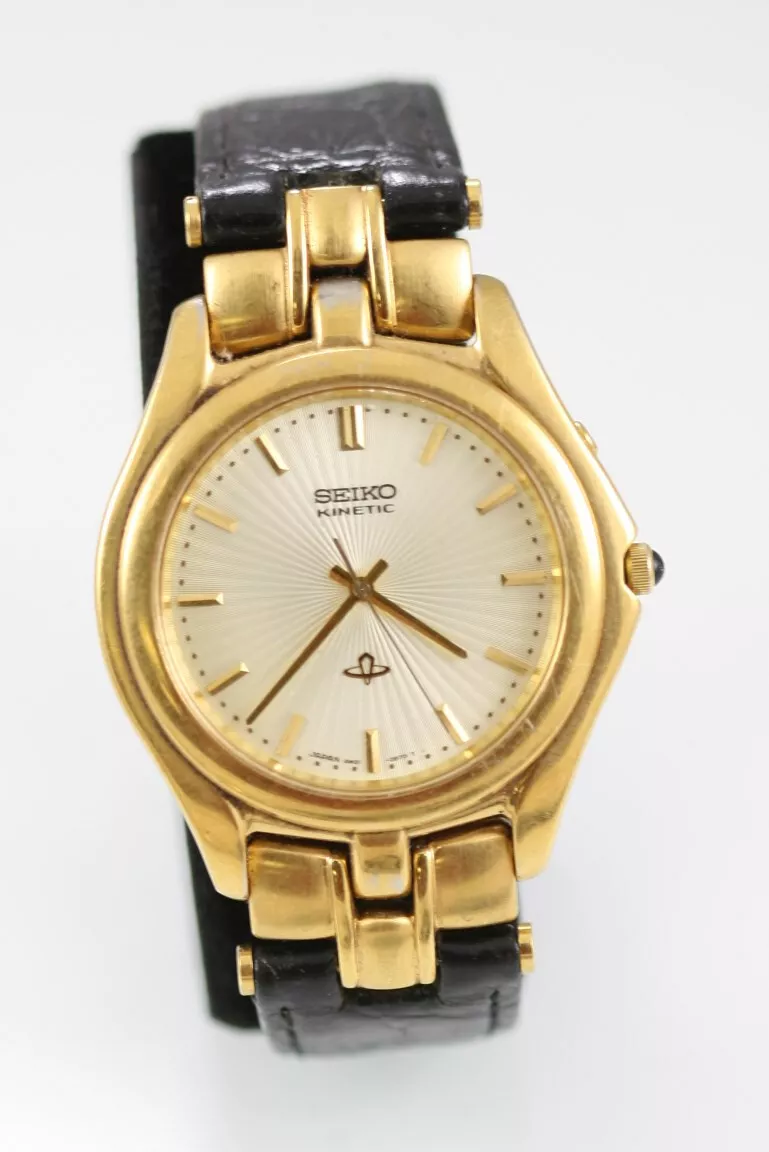 Seiko Kinetic Mens Watch Day Leather Gold Stainless Slim Line Non