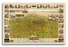 1908 Denver CO Vintage Old Panoramic City Map - 20x30