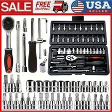 46Pcs Socket Set Car Repair Tool Ratchet Torque Wrench Kit 1/4" Drive with Box=/
