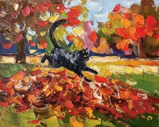 Autumn Park Scene with Black Cat Leaping in Leaves | Impressionist Museum Art