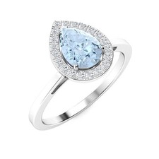 Pear March Birth Aquamarine Gemstone 925 Sterling Silver Prong Halo Ring
