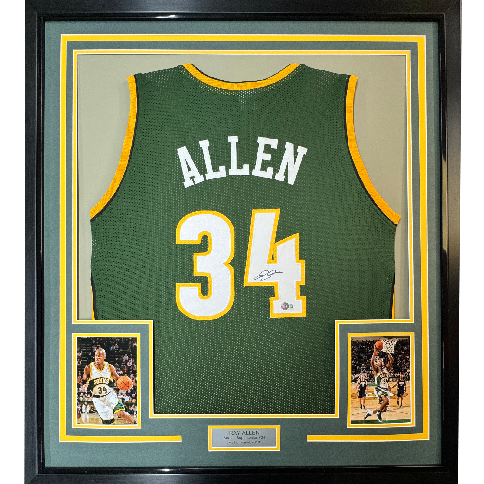 Ray Allen Autographed Signed Seattle SuperSonics Framed / 33x42 Seattle Green Jersey Beckett BAS COA 