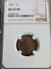 1901 Indian Cent NGC MS-65 RB Nice Toning
