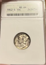 1942-S Soapbox ANACS MS64 Mercury Silver Dime