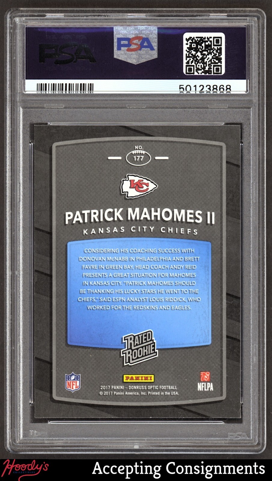 2017 Donruss Optic #177 Patrick Mahomes II RATED ROOKIE RC CHIEFS PSA 9 MINT view 2