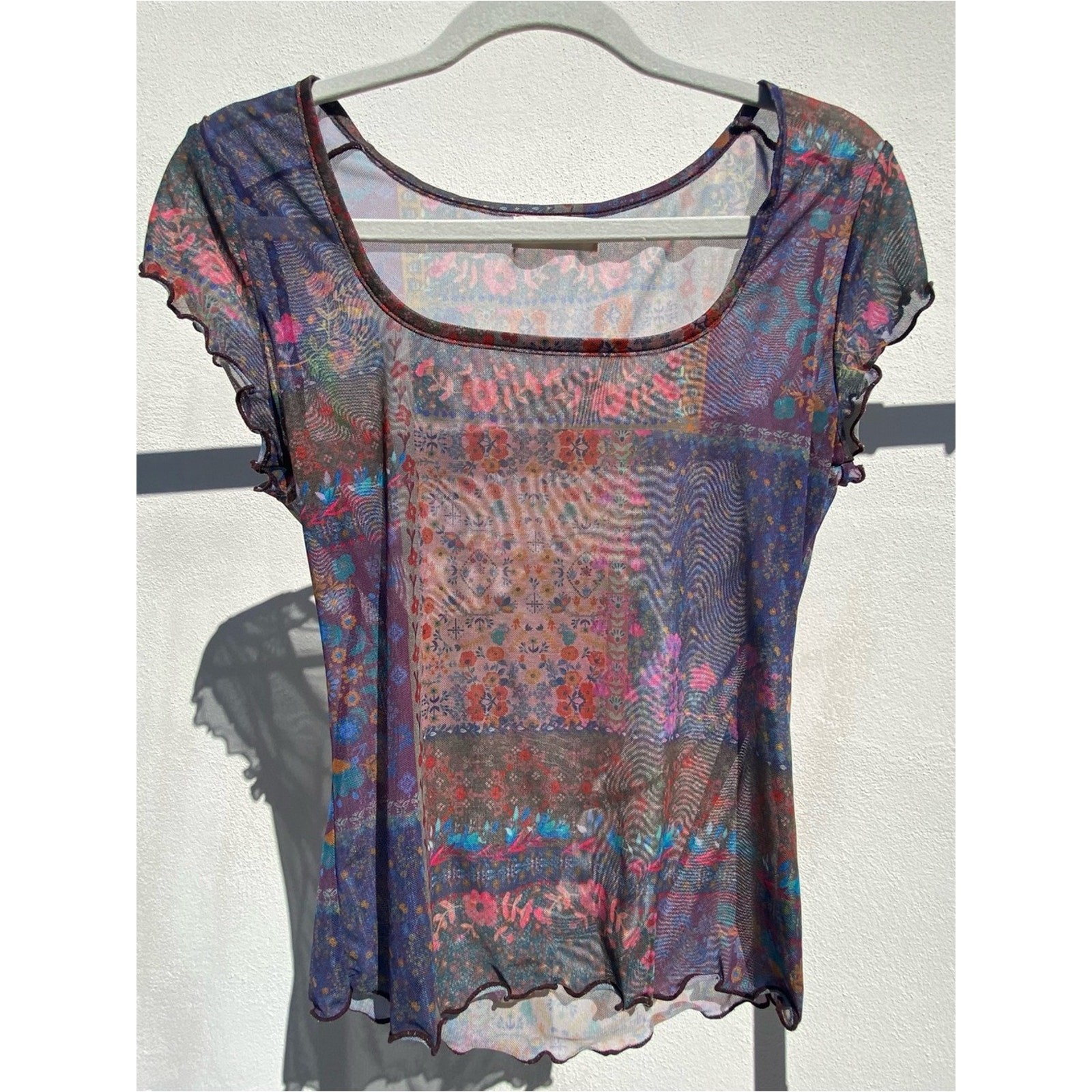 Y2K Euro Boho Purple Multicolor Floral Micro Mesh Top Size Medium