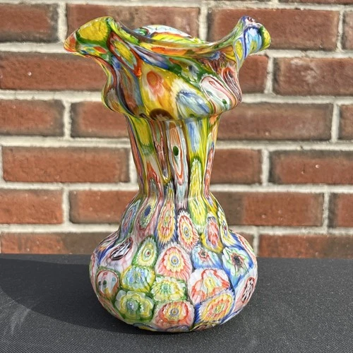 Vintage Murano Millefiori Ruffled  Art Glass Vase 7" Fratelli Toso Style