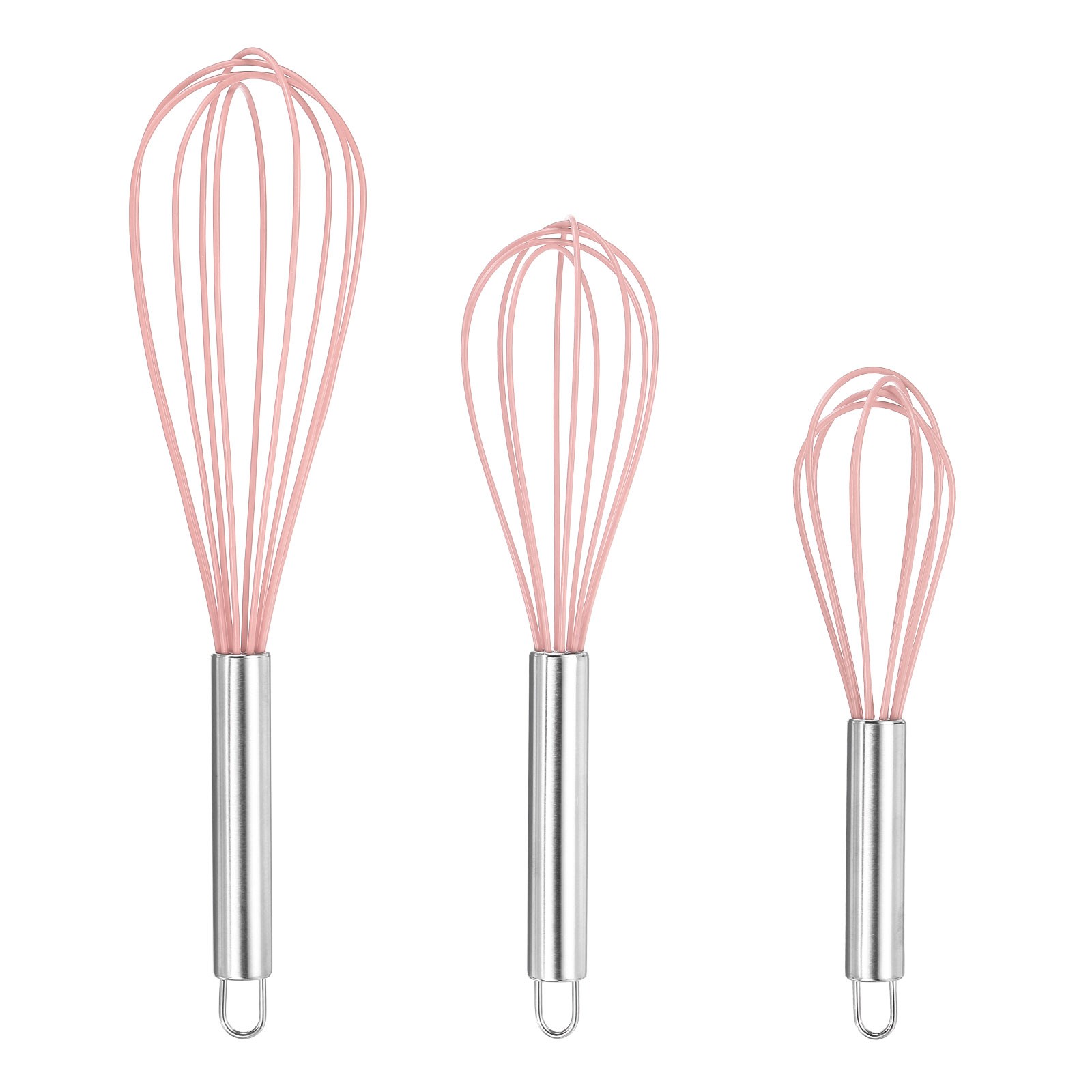 3Pcs Silicone Whisk 8" 10" 12" Kitchen Whisk Wire Whisks Beater Pink