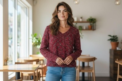 Frogbox Damen Strickjacke Strickblazer Grobstrick rot / schwarz / grau Gr. 36