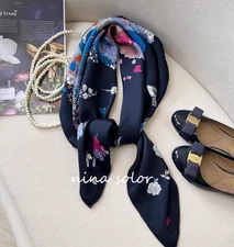 Pure 18 Momme Silk Wrap Scarf Bandanna Flower Horse Print Square Shawl 86X86cm