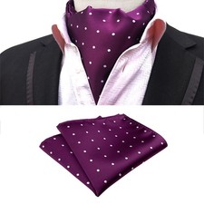 Men Polka Dot Purple Cravat Ascot Necktie Handkerchief Pocket Square Wedding Set
