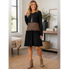 Suzanne Betro Black Camel Tiered Boho Dress Long Sleeve Small Minimalist Casual