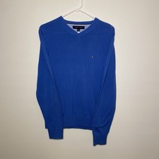 Tommy Hilfiger Sweater Mens S Blue V Neck Long Sleeve Knit Logo Stretch Flaw 