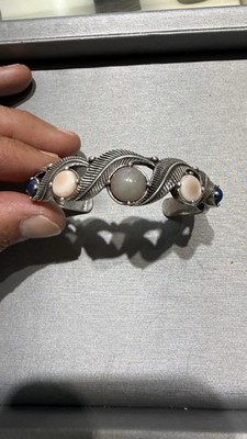 Vintage Sterling 925 Silver Bangle Bracelet Blue & WhiteStone 5'' Inches
