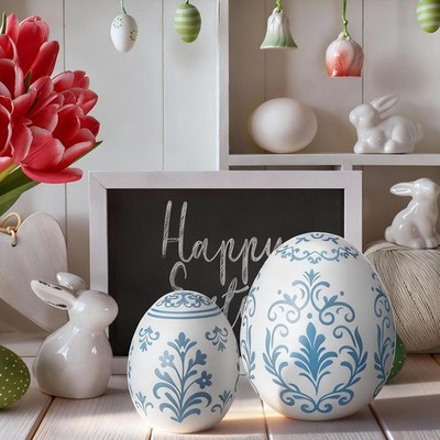 Bucherry 2 Pcs Large Easter Ceramic Egg 5 Inch, 3.5 Inch Blue and White Chinoise