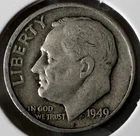 1949 D  ROOSEVELT  10c DIME 90% Silver American Coin #1